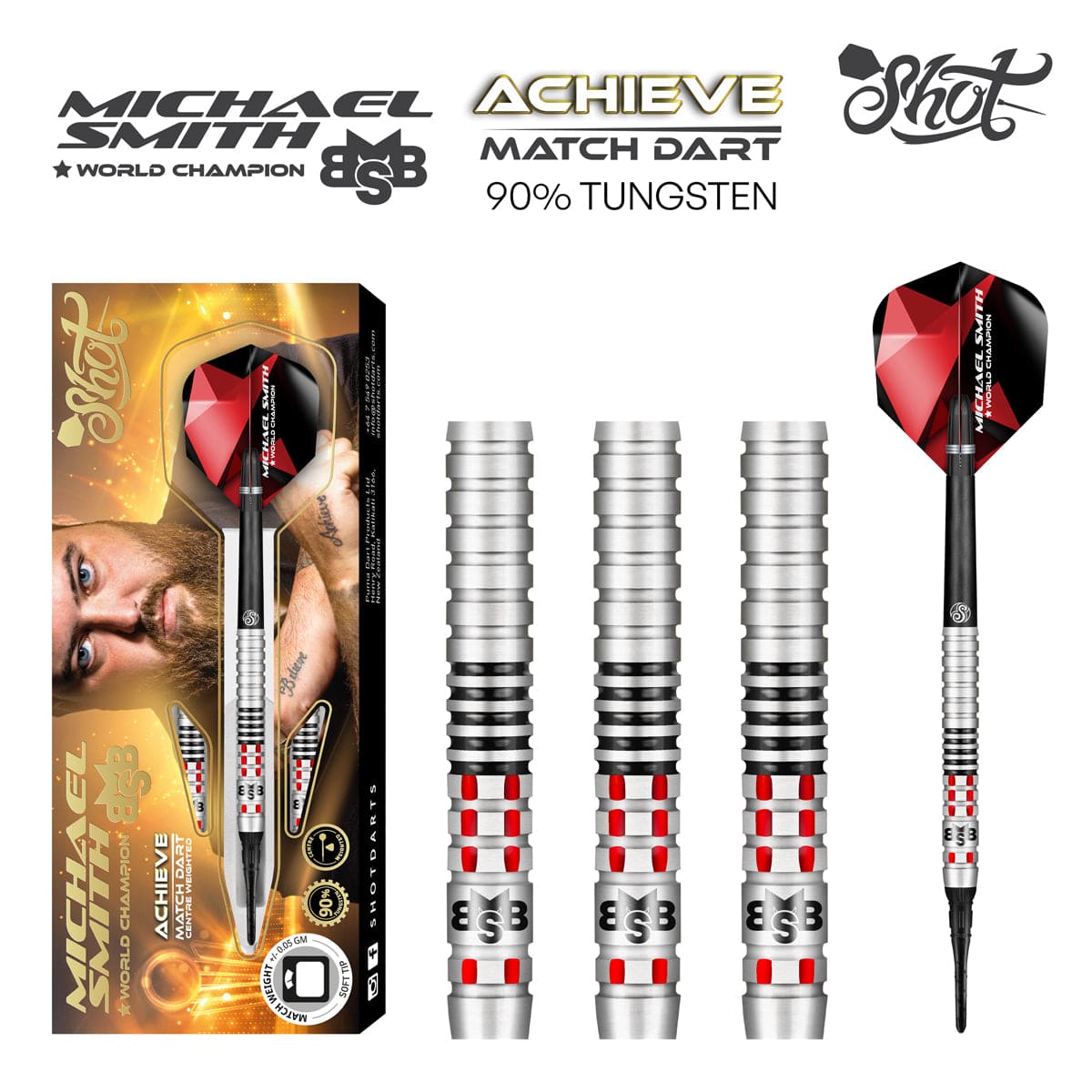 Shot Michael Smith Achieve Soft Tip Dart Set-90% Tungsten Centre Weighted-20gm