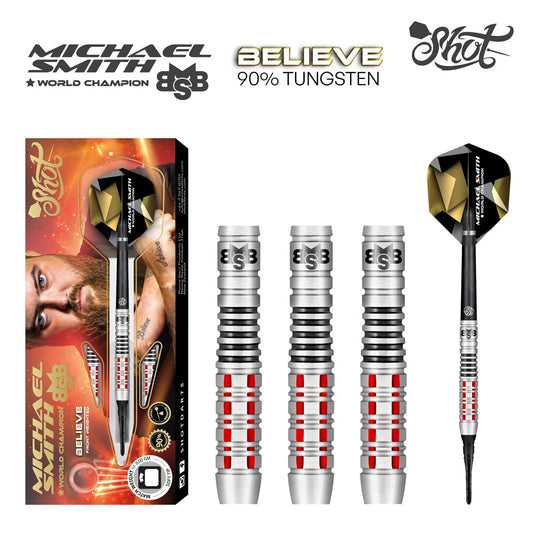 Shot Michael Smith Believe Soft Tip Dart Set-90% Tungsten Front Weighted-20gm