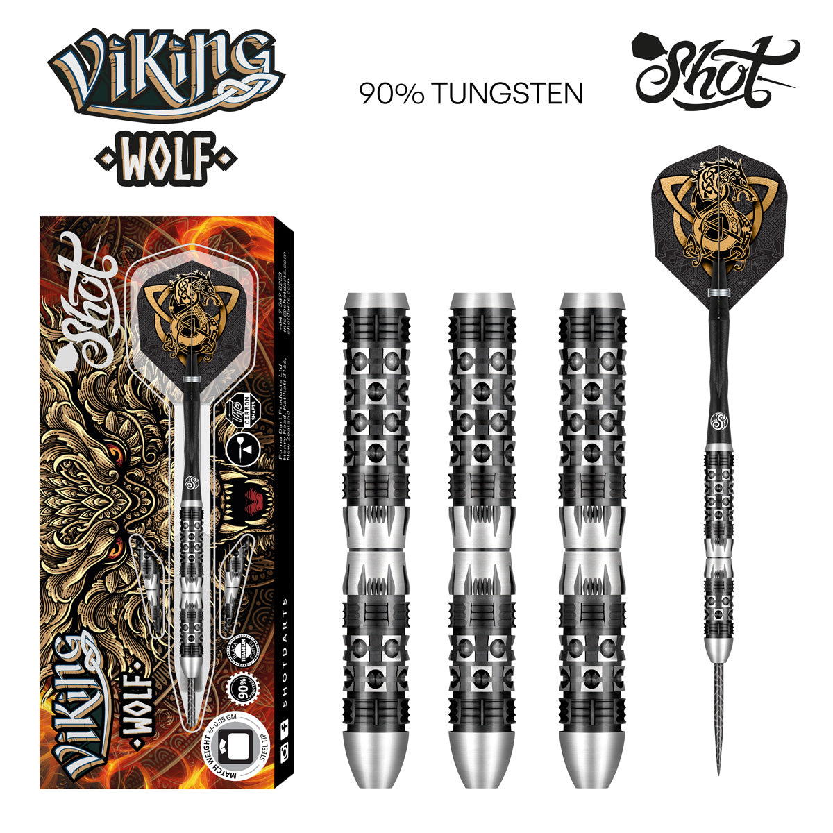 Shot Viking Wolf Steel Tip Dart Set-90% Tungsten Barrels-25gm