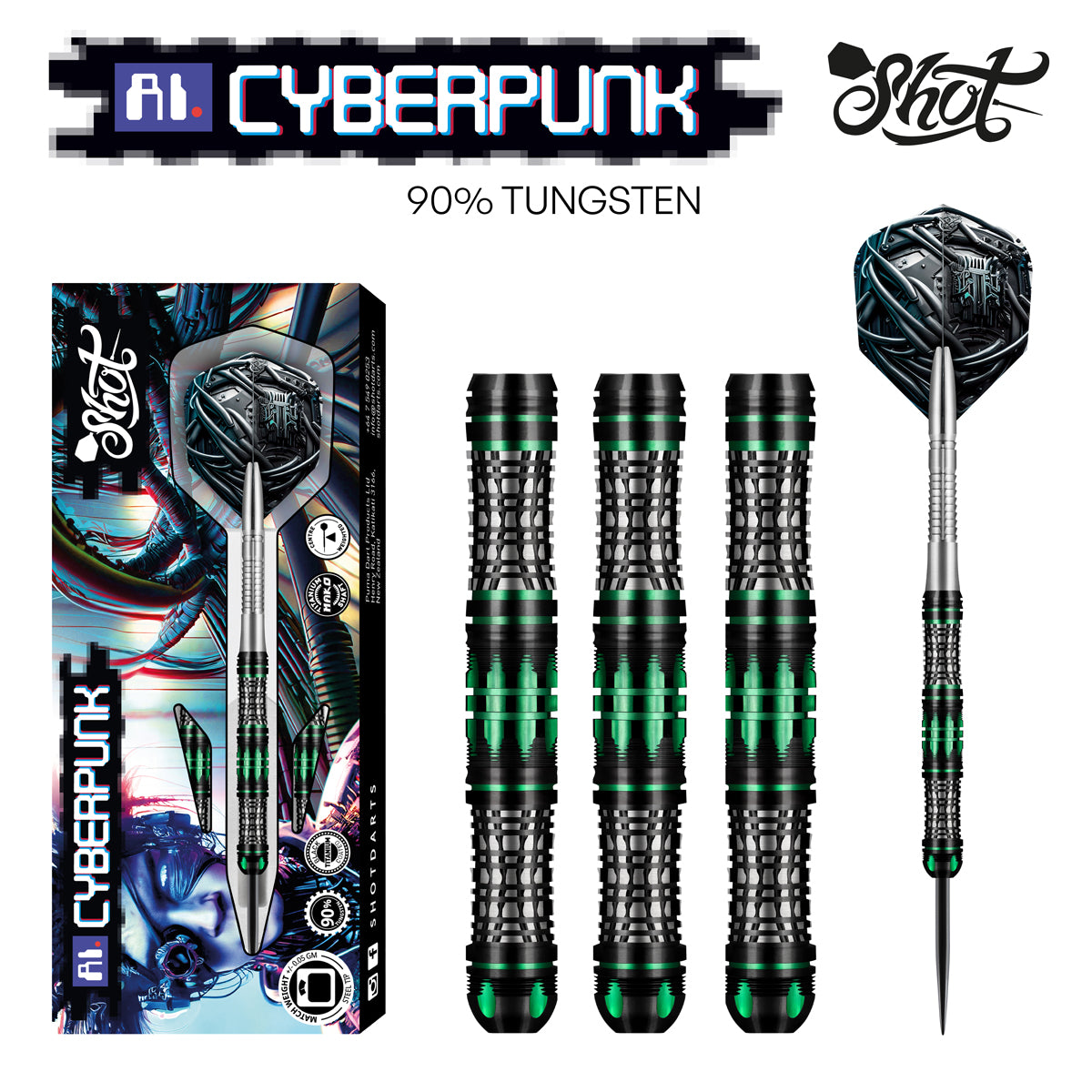 Shot AI Cyberpunk Steel Tip Dart Set-90% Tungsten Barrels-23gm