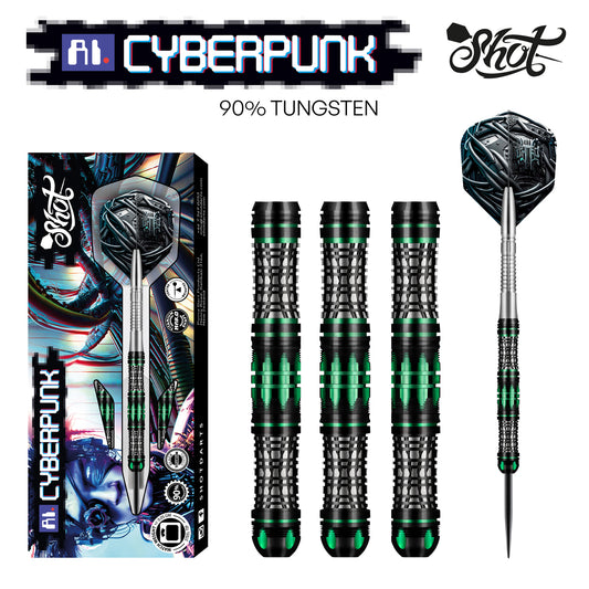 Shot AI Cyberpunk Steel Tip Dart Set-90% Tungsten Barrels-24gm