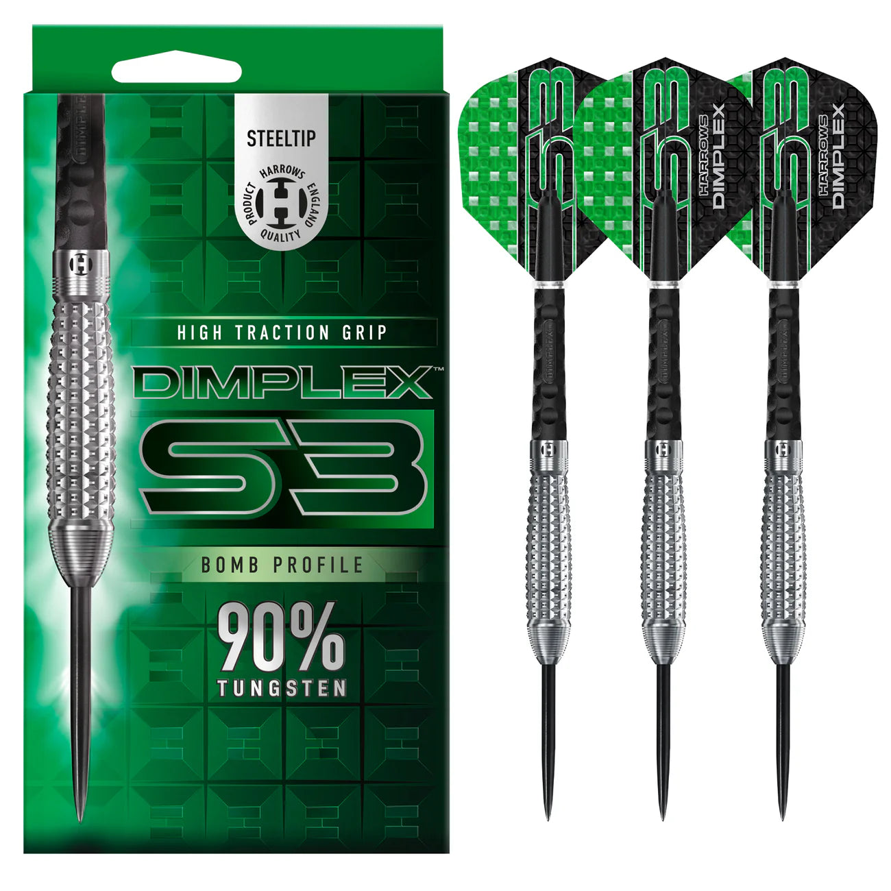 Harrows Dimplex S3 Darts - Steel Tip Darts - 90% Tungsten - 24g Bomb