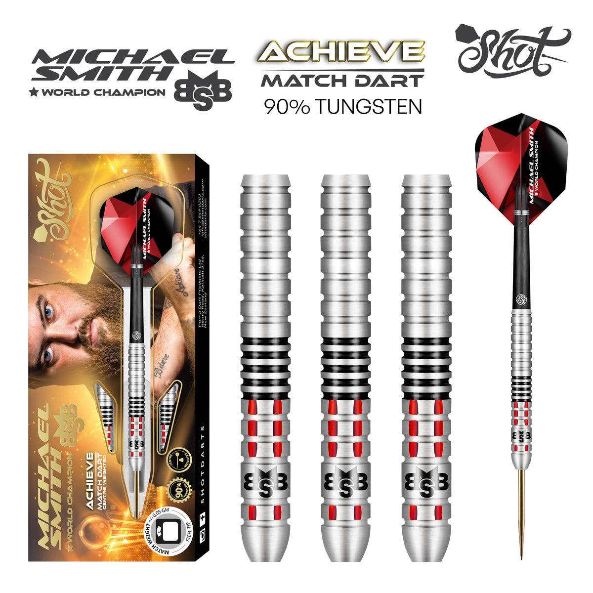 Shot Michael Smith Achieve Steel Tip Dart Set-90% Tungsten Centre Weighted-24gm