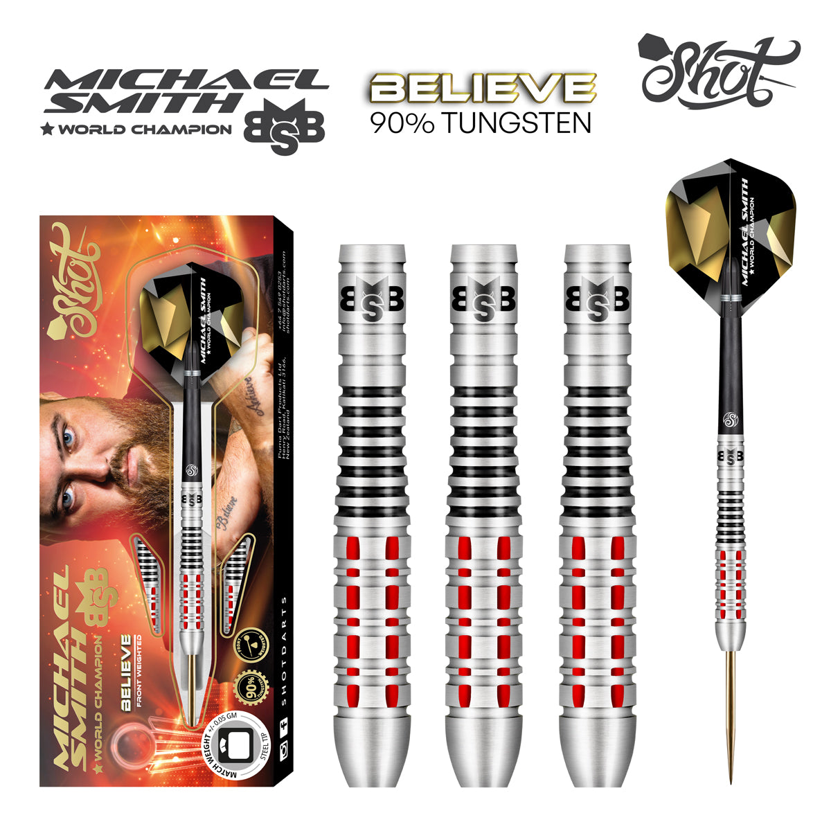 Shot Michael Smith Believe Steel Tip Dart Set-90% Tungsten Front Weighted-24gm