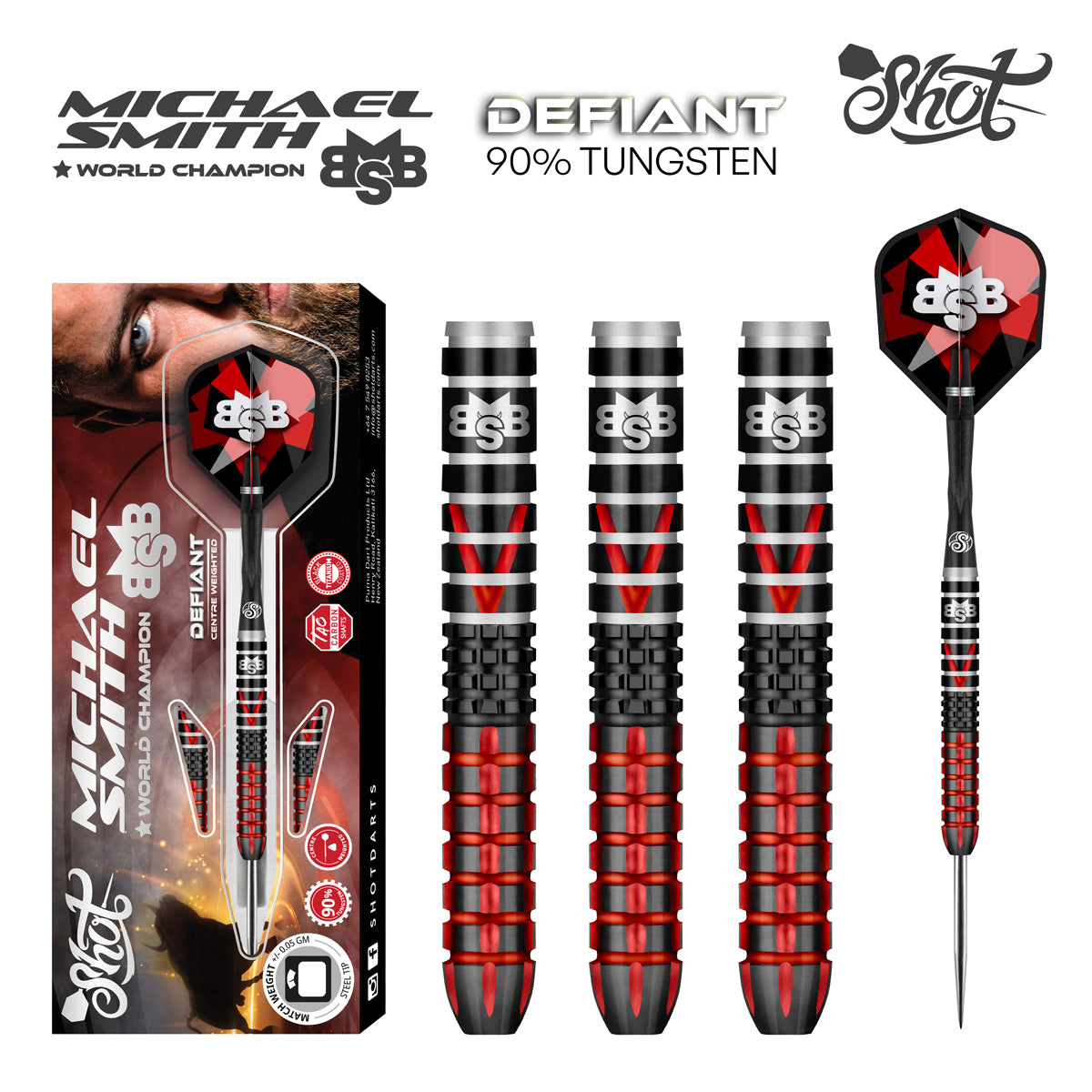 Shot Michael Smith Defiant Steel Tip Dart Set-90% Centre Weighted-23gm