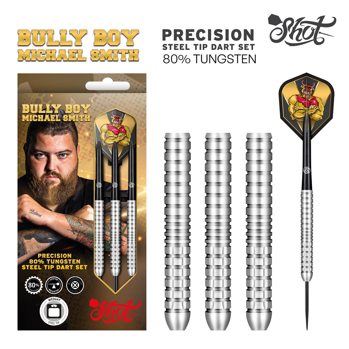 Shot Bully Boy Michael Smith Precision Steel Tip Dart Set-80% Tungsten-24gm