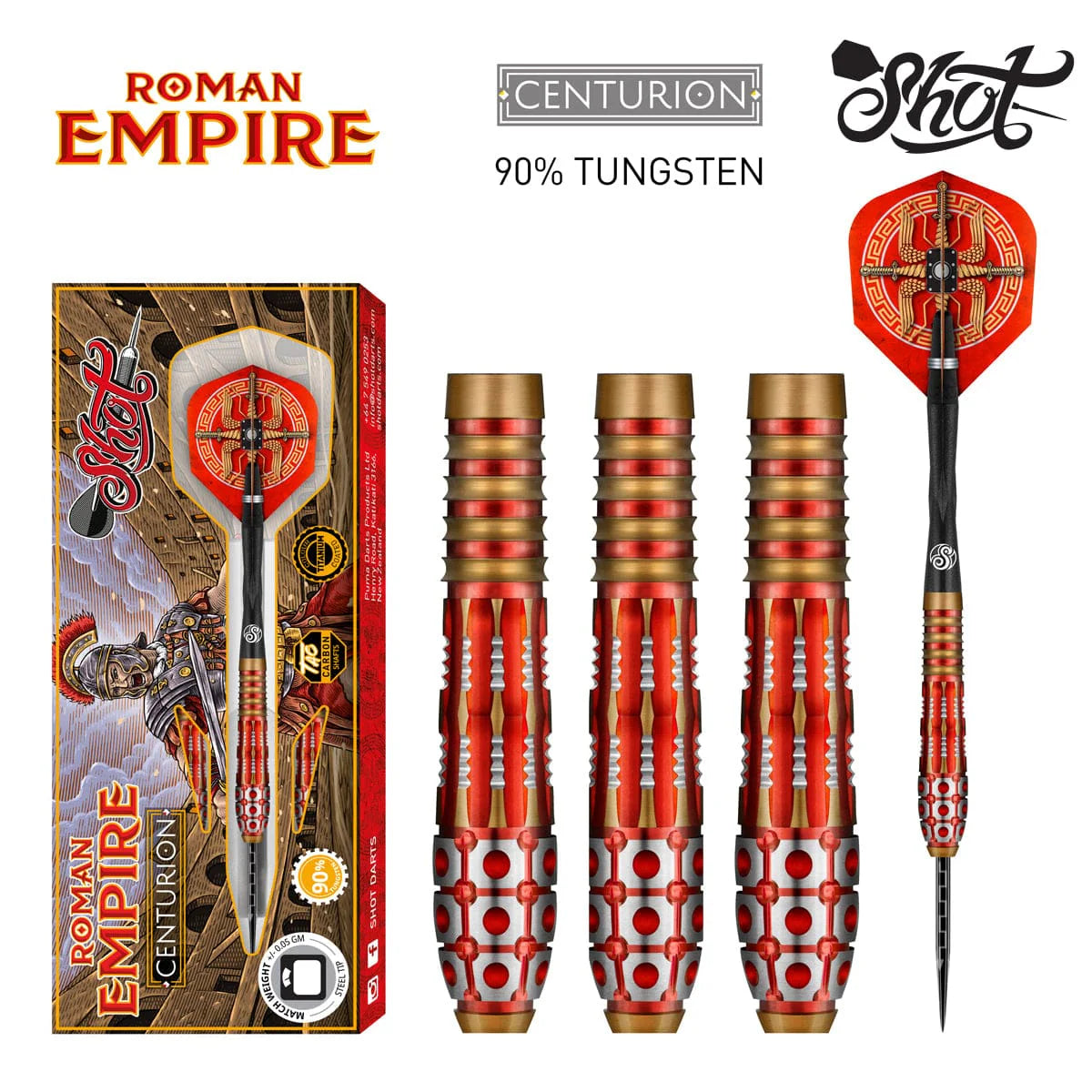 Shot Roman Empire Centurion Steel Tip Dart Set-90% Tungsten Barrels-23gm