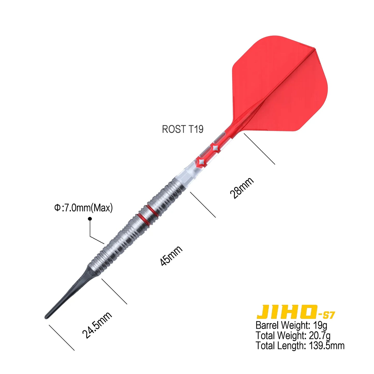 CUESOUL JIHO S7 19 gram 90% Tungsten Soft Tip Dart Set w/ ROST T19 Flight